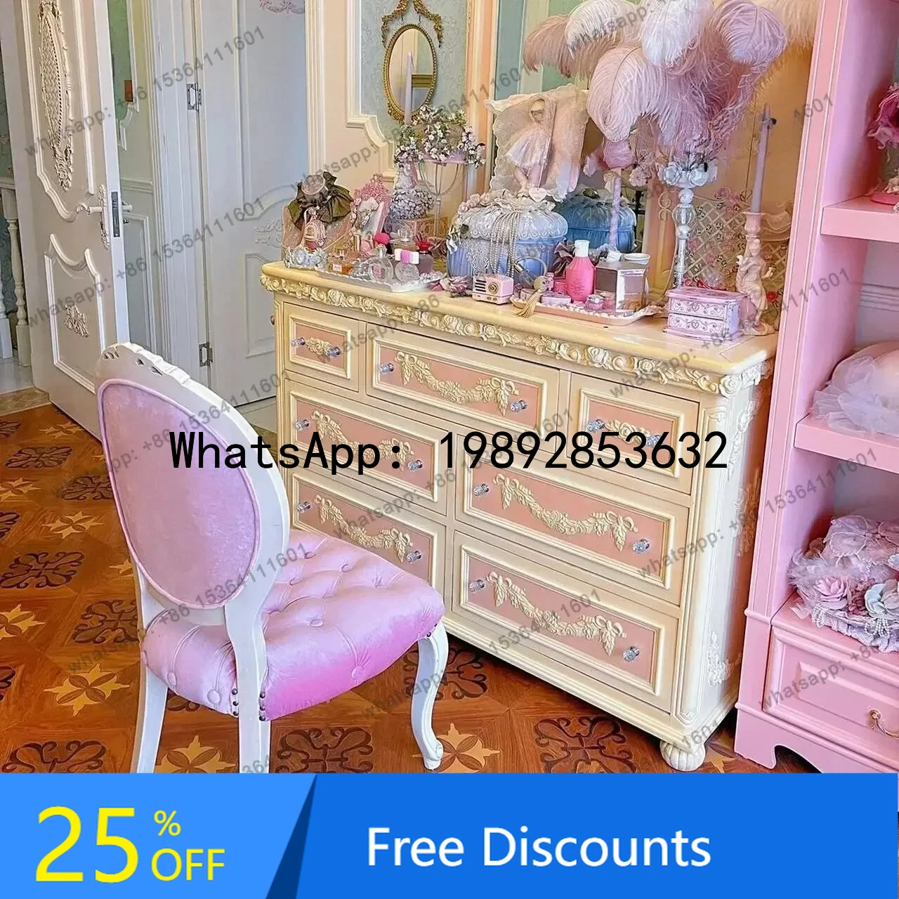 

HH French Solid Wood Carving Flower Retro Seven Chest Cabinet European Storage Locker American