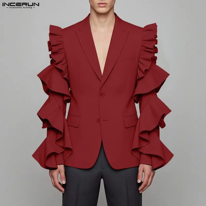 

INCERUN мужской пиджак сплошной цвет с лацканами и длинными рукавами на пуговицах повседневный костюм мужская уличная одежда с рюшами модные мужские тонкие пальто для отдыха S-3XL