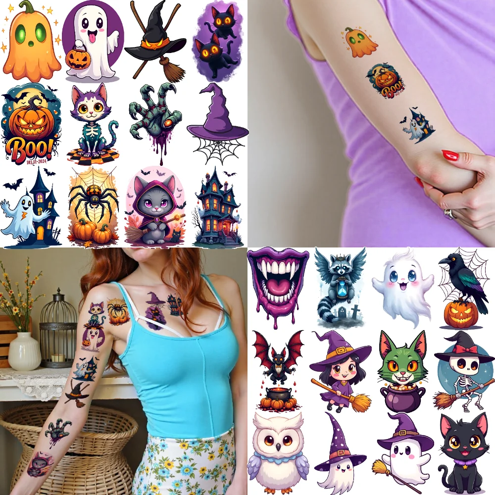 

54pcs Temporary Tattoo Halloween Stickers Cartoon Spider Stickers Pumpkin Stickers For Women Shoulders