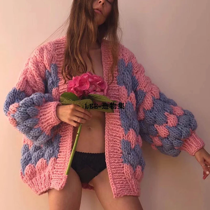 

Crochet Knit Patchwork Lantern Sleeve Oversized Cardigan Women Loose Open Front Knitwear 2023 Autumn Chic Casual High Streetwear