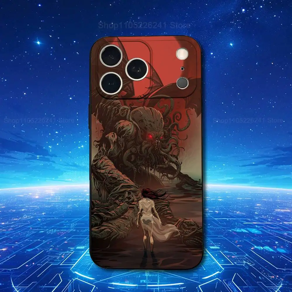 奇妙なクトゥルフ神話 iPhone 13、16、11、14、17、12、15、Plus、Pro Max、XS、X、XR、SE、Mini、8、7用スマホケース ソフトシリコン ブラック