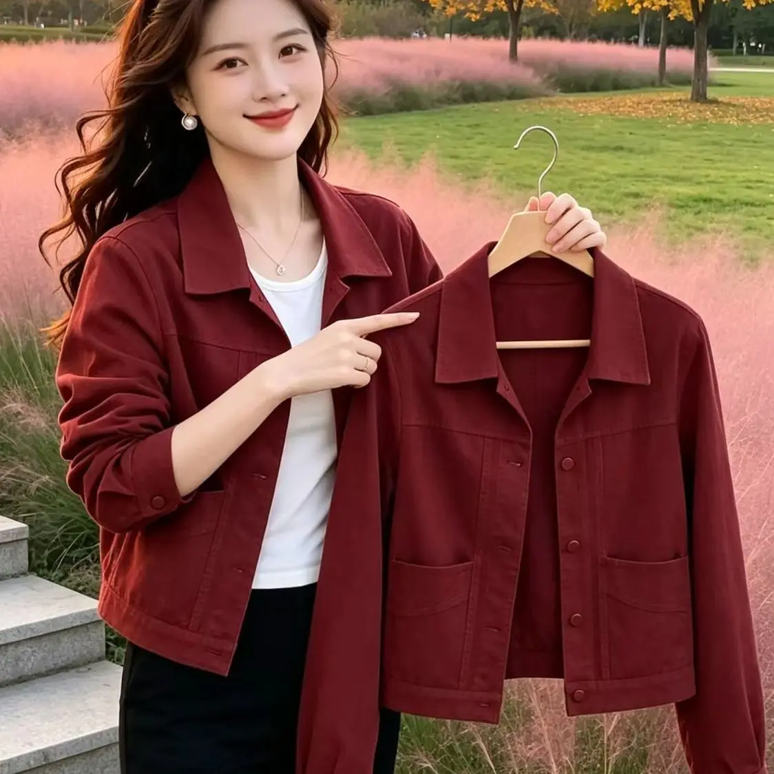 Fashionable Casual Workwear Jacket Women's Loose Fit Collared Outerwear Windproof Polyester Short Sleeve Button up Coat