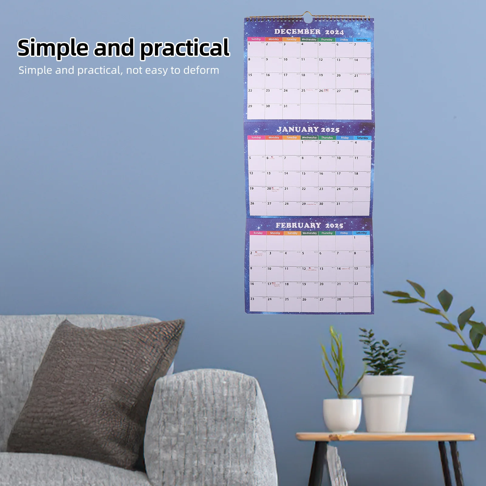 Calendario da parete verticale pieghevole con vista a tre mesi, grande agenda mensile del 2025, organizer da appendere per l'aula, l'ufficio, la casa