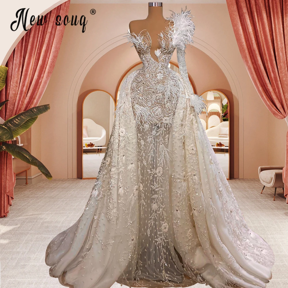 Abiti da sposa treno staccabile sirena di piume di pizzo di lusso Plus Size abito da sposa donna 2023 abito da festa di fidanzamento Dubai