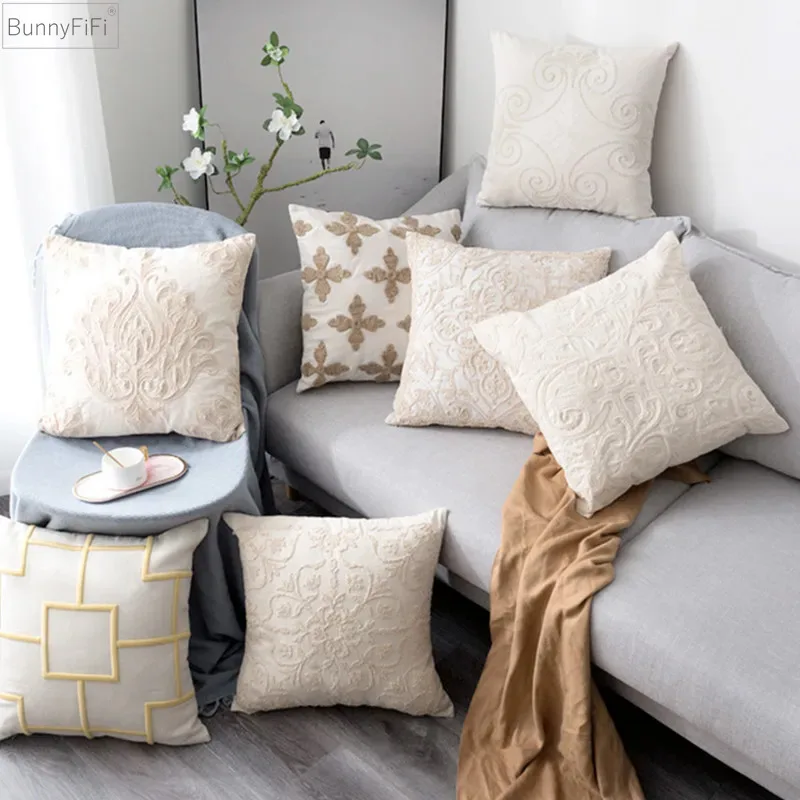 Beige Euro Rope Thread Embroidery Cushion Cover Home Decoration Linen Cotton Boho Style Ethnic Pillow Cover 50x50cm Pillow
