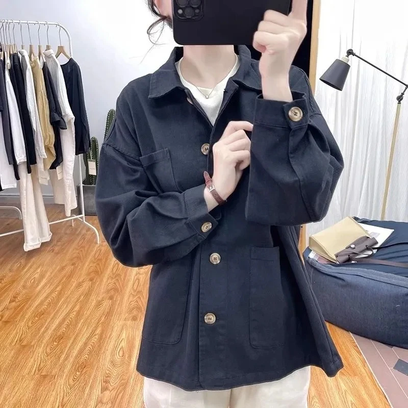 Slimming Casual Plaid Loose Women's Jacket Autumn Fashion Small Size Suit Collar Multi-Pocket Polyester Fiber Straight Hem