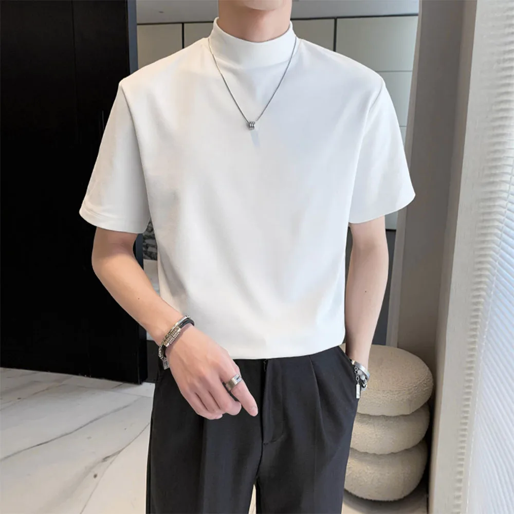 

Men's Turtleneck T-shirt Short-sleeved Solid Color Korean Trend Loose Oversized T-shirts Streetwear Heavyweight