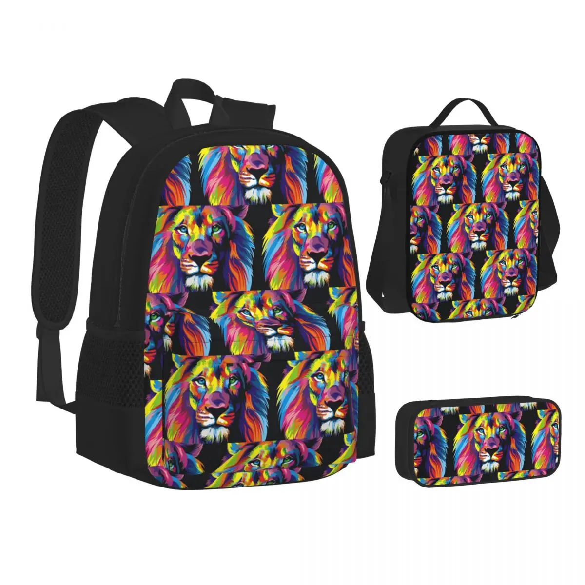 

Banksy Rainbow Lion Graffiti Pop Art Painting BackpacksStudents School Bags Kids Rucksack Lunch Bag Pen Bag Three-Piece Set