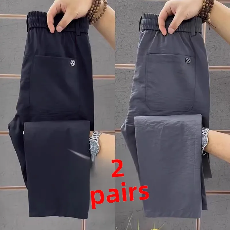 

Ice Silk Men's Thin Straight Leg Work Pants Elastic Waist Durable Wear Resistant Sports Trousers Breathable Casual Pants