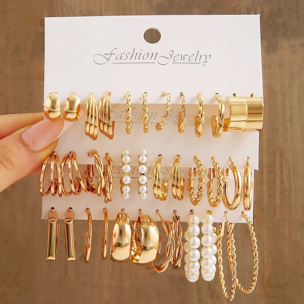 Boho Big Circle Hoop Earring Set for Women, Gold Color Bohemia Vintage Pearl Earring Heart Zircon Ear Studs Jewelry Gifts