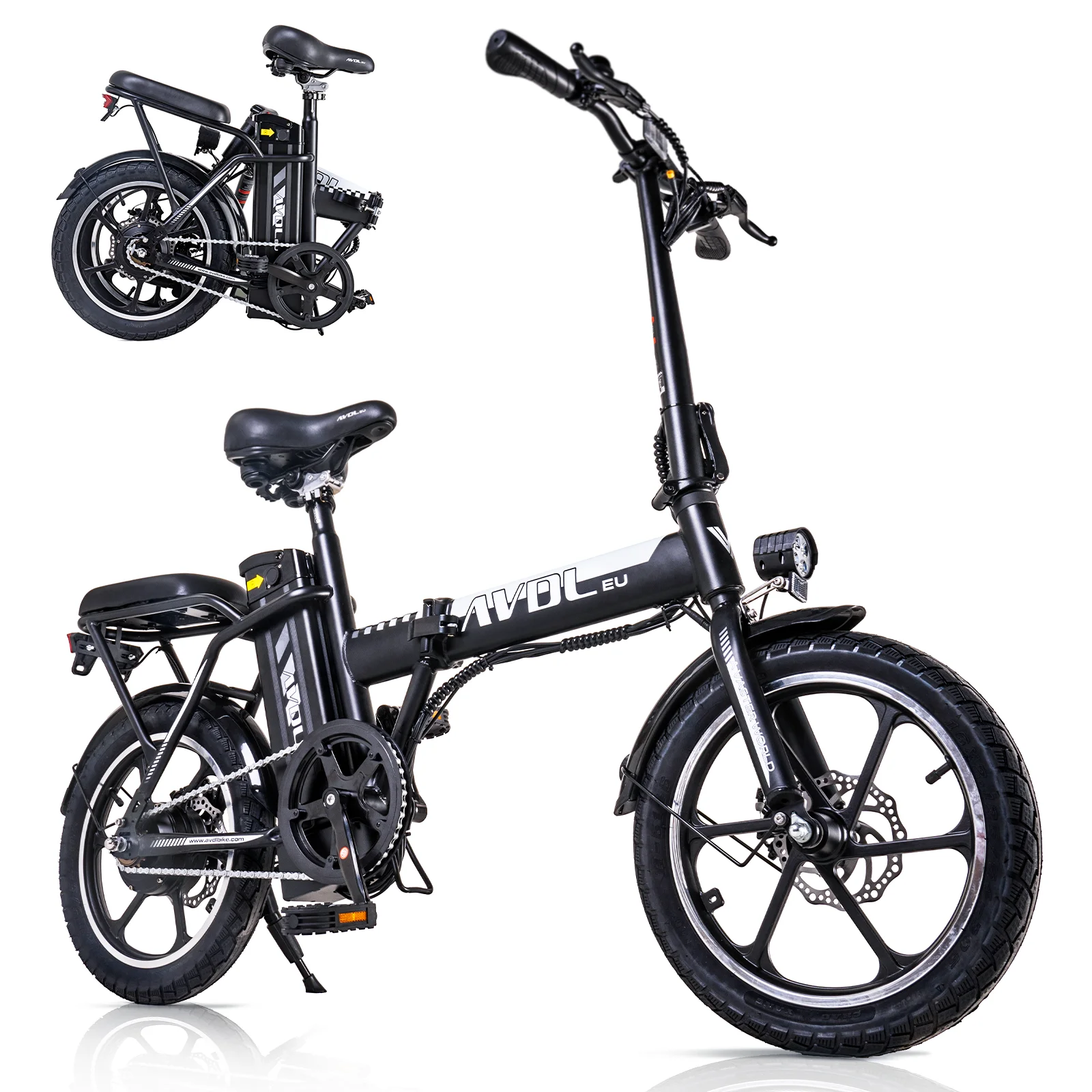Bicicleta eléctrica AVDLEU de 16 pulgadas, equipada con una batería de 36V 11.4Ah y un motor de 250W. Alcanza velocidades de hasta 25 km/h con una autonomía de 35-50 km.
