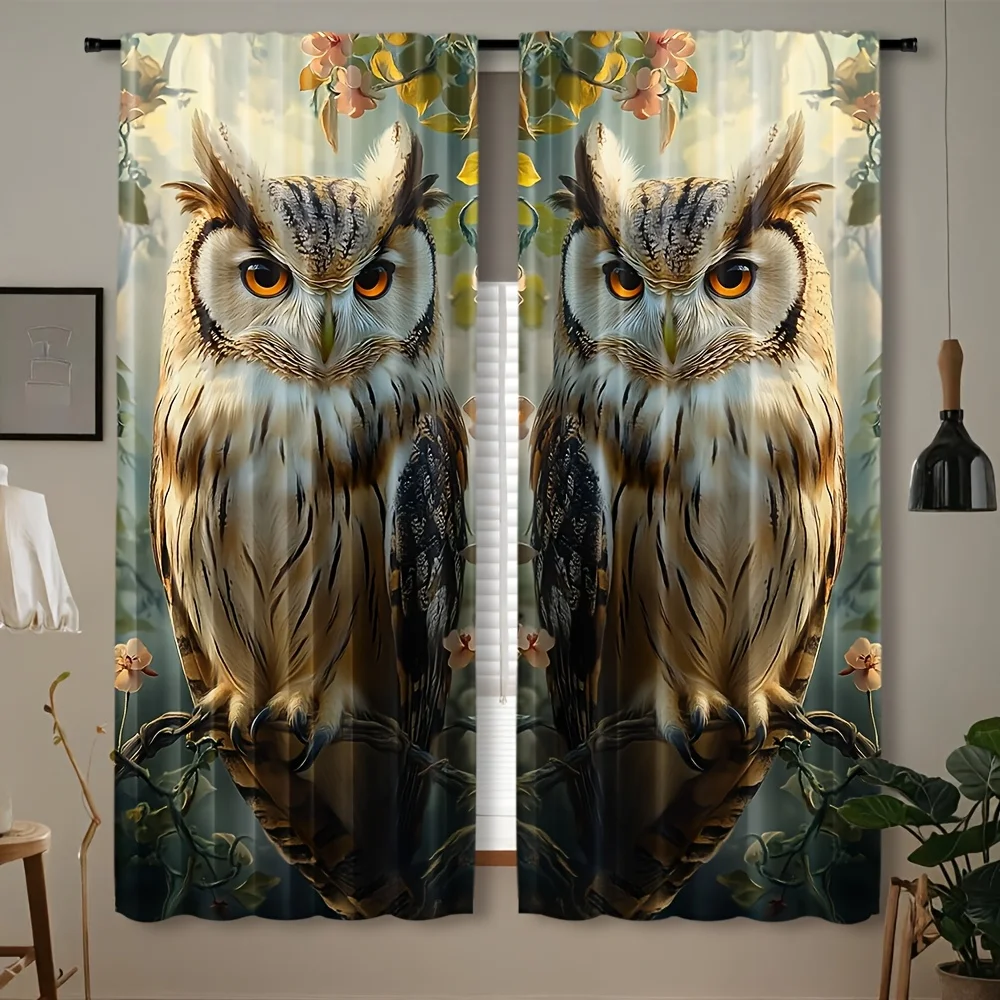 Realistic Owl Pair Curtain Panels for Living Room Bedroom Home Decor Nature Woodland Style Window Dressing