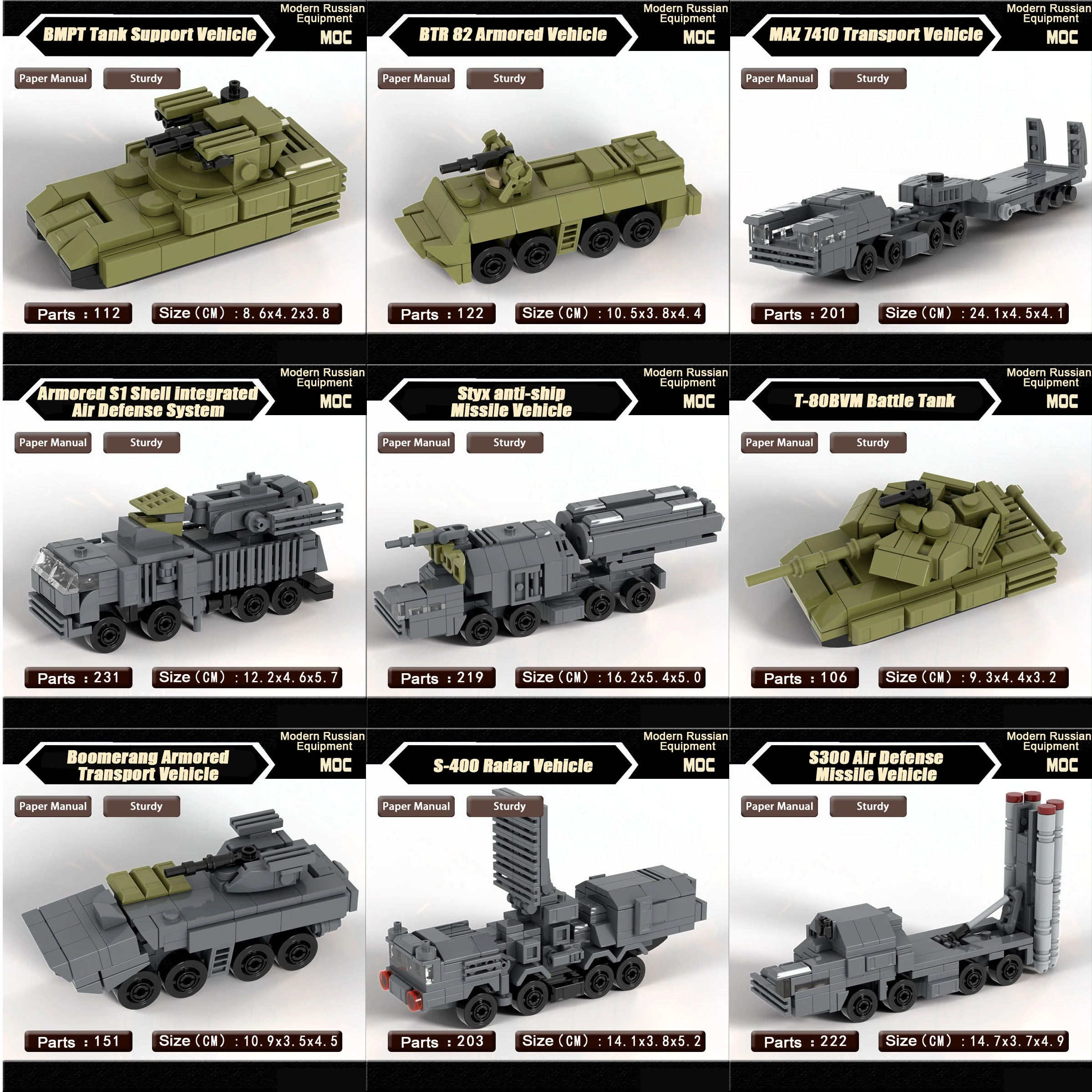 

Конструктор MOC: Военная техника - Российские танки Т90, Т64, Т72, транспортные грузовики, ракетные установки, солдаты, бронетехника, оружие, кирпичики, игрушки