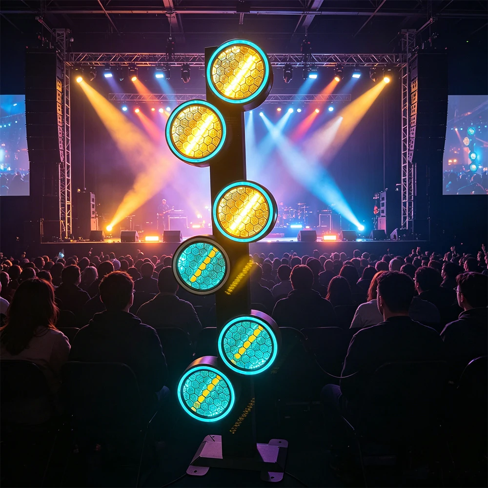 RGB Color Mixing COB 6 Head Rotating Retro Stage Effect Light 345W DMX512 Strobe Wash Light for Party Bar Wedding Club Show