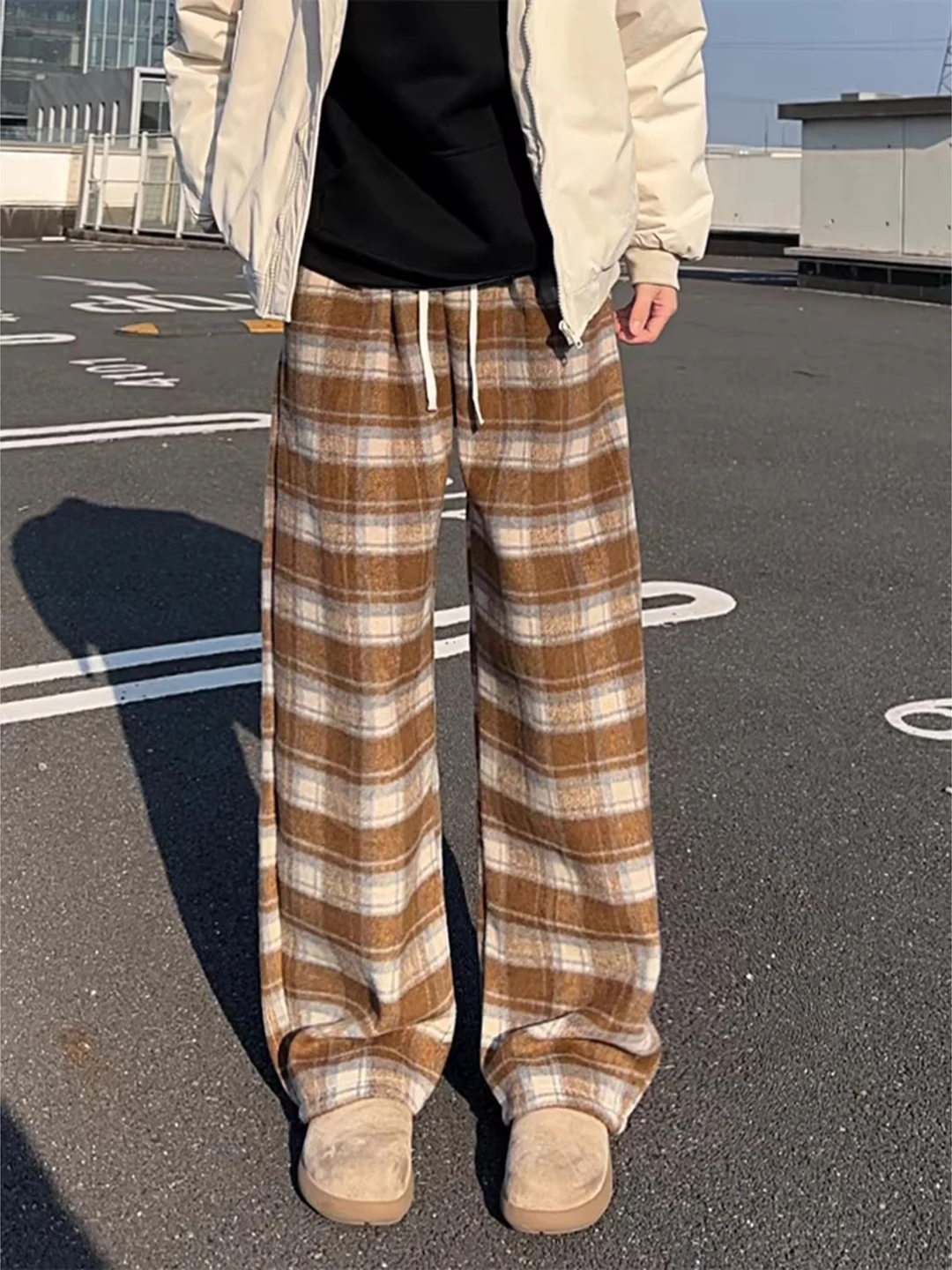 

Thiened Woolen Plaid Pants Men's Winter Fce Lined Casual Straight Leg Vintage American Lazy Sle Brued Loose Fit