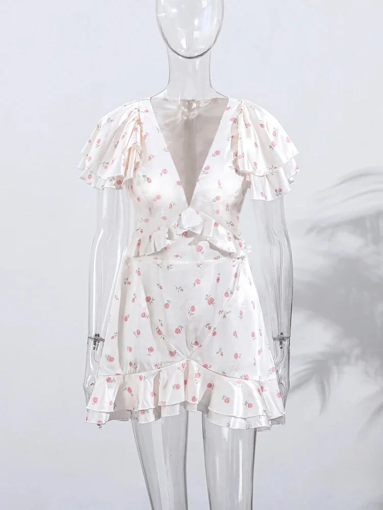 2026 Spring Women's Summer New Ruffled Floral Short Skirt V-neck Pleated Dress Shorts image 6