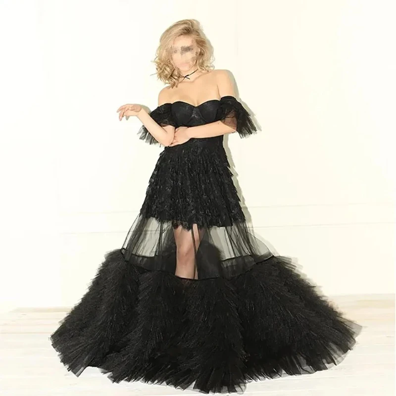 Romantic Black Tulle  Evening Dresses  Party  Sexy Fashion Layered Tulle Lace Prom Customized