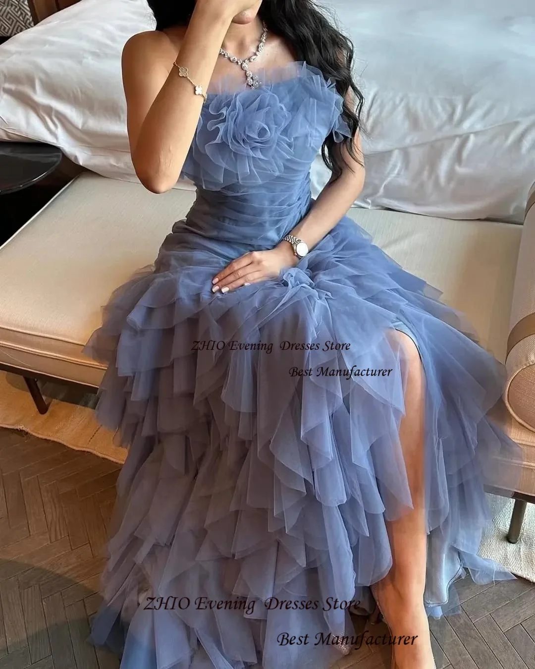 ZHIO élégant à plusieurs niveaux Tulle une ligne haute fente robe de soirée robes fleur froncé longueur de plancher sans manches bretelles robes de bal