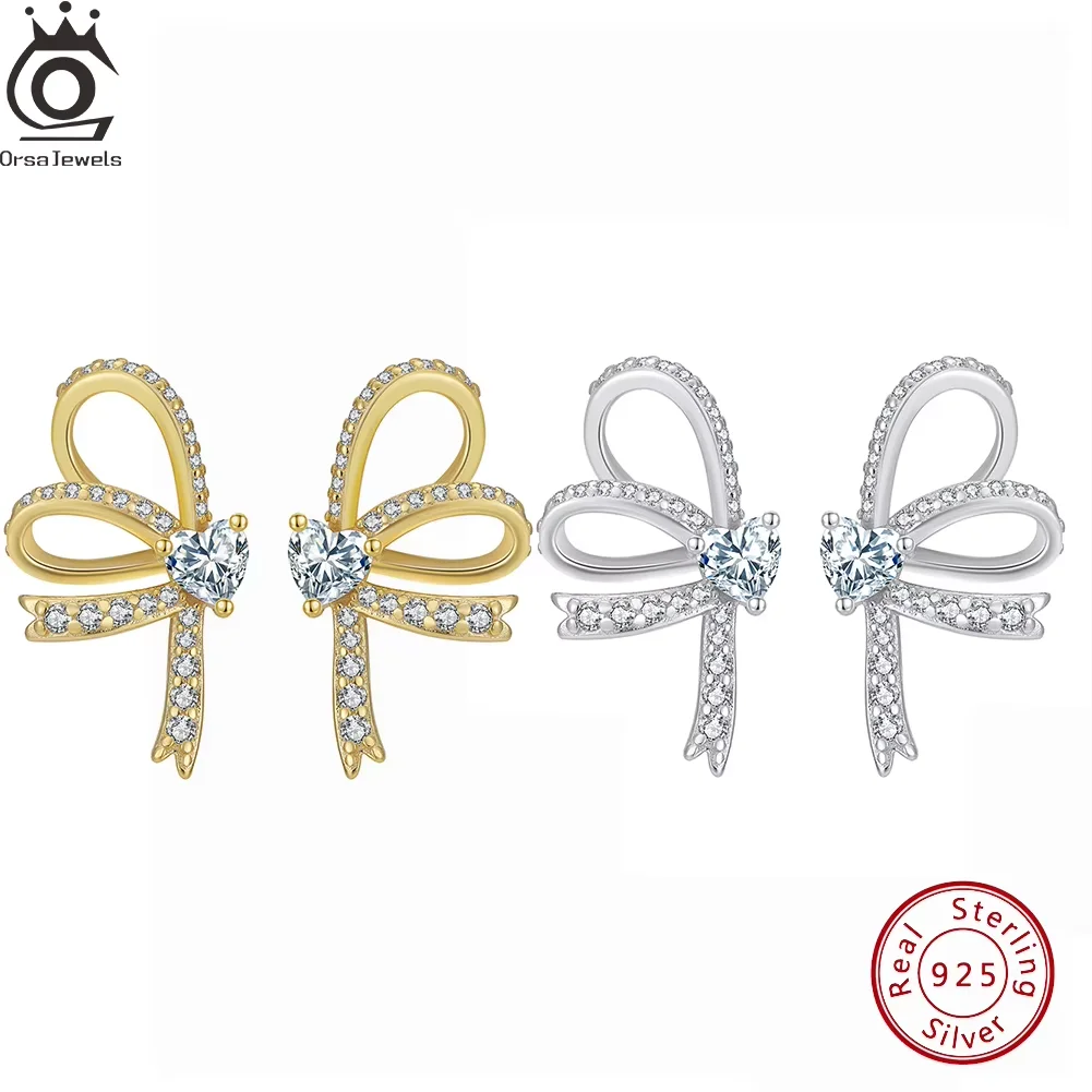 

ORSA JEWELS Sweet Bow Stud Earrigs Necklace with Clear Cubic Zirconia 925 Sterling Silver Bowknot Jewelry Ear Accessories SE407