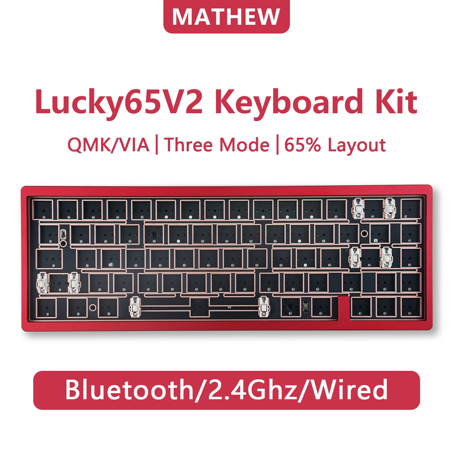 WEIKRV Lucky65V2 Aluminum 3 Mode Mechanical Keyboard Kit Support QMK/VIA RGB for Win/Mac Office Gaming Barebone Keyboard