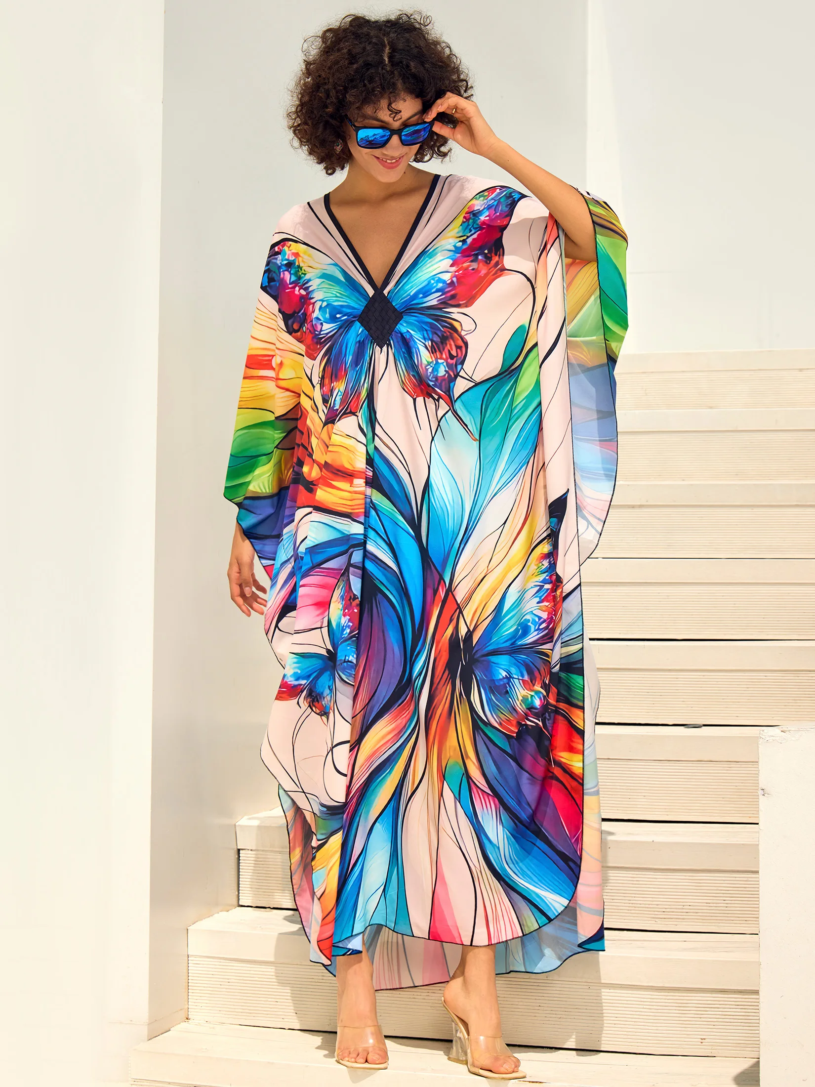 Bohemian Butterfly Chic Printed Plus Size Kaftan Dresses For Women Clothing Summer 2024 Sexy V-neck Long Sleeve Maxi Dress Q1670