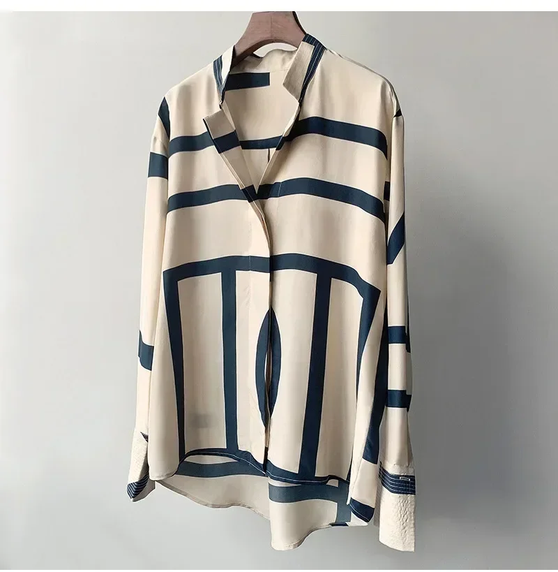 

High-end 2023 Newest Women Contrast Topstitching Silk Geometry Printed Blouse Shirt Top