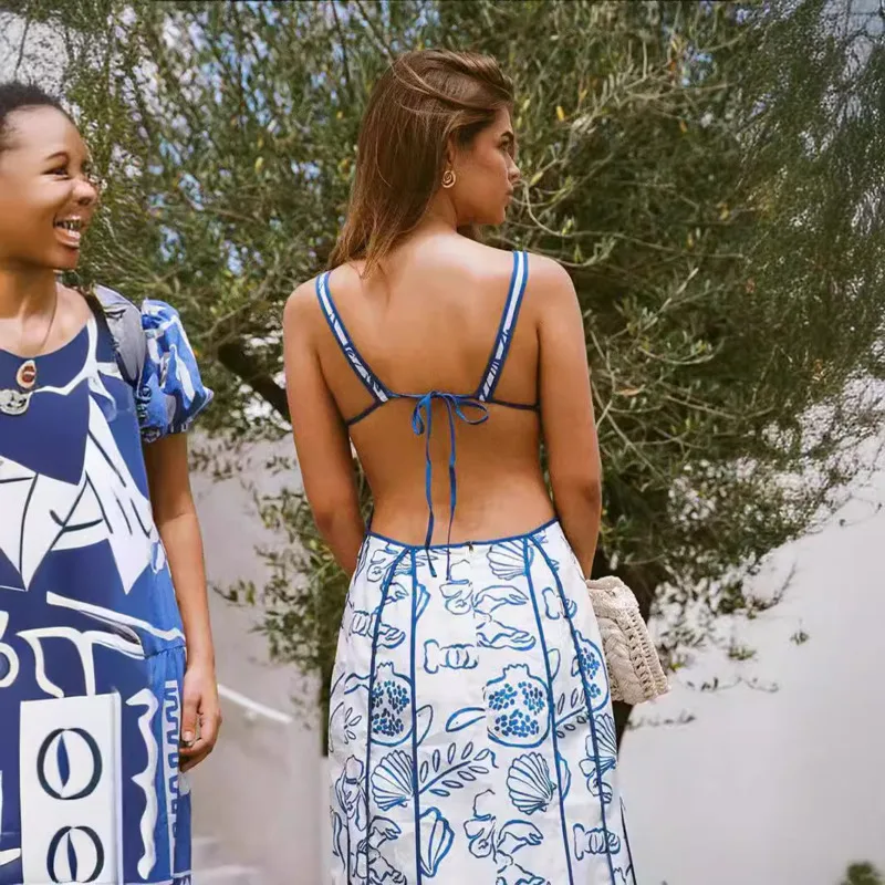 Elegante ajuste impressão maxi vestido de alta qualidade sexy com decote em v amarrado-alça vestido elegante feminino beach resort wear seda-sensação algodão a linha saia