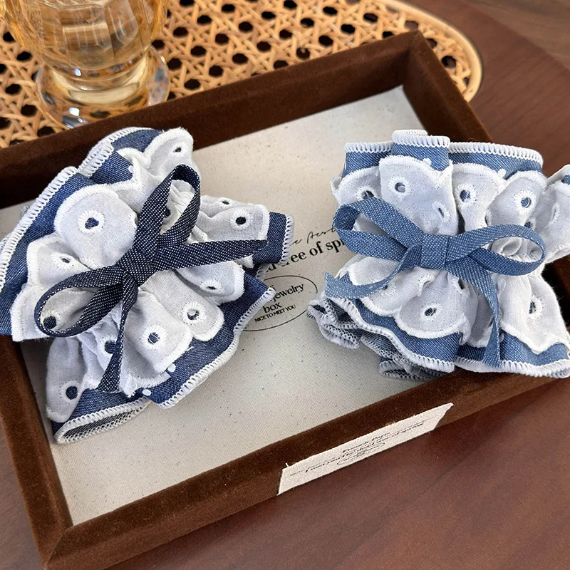 New Style Denim Made Embroidered Lace Large Size Hair Ties Women\'s Korean Fragmented Flower Hair Scrunchies Accessories 1pc