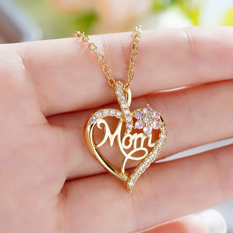 Huitan Mother\'s Day Necklace for Mom Luxury Trendy Craved Pendant Necklace Pink Flower Aesthetic Neck Accessories Love Jewelry