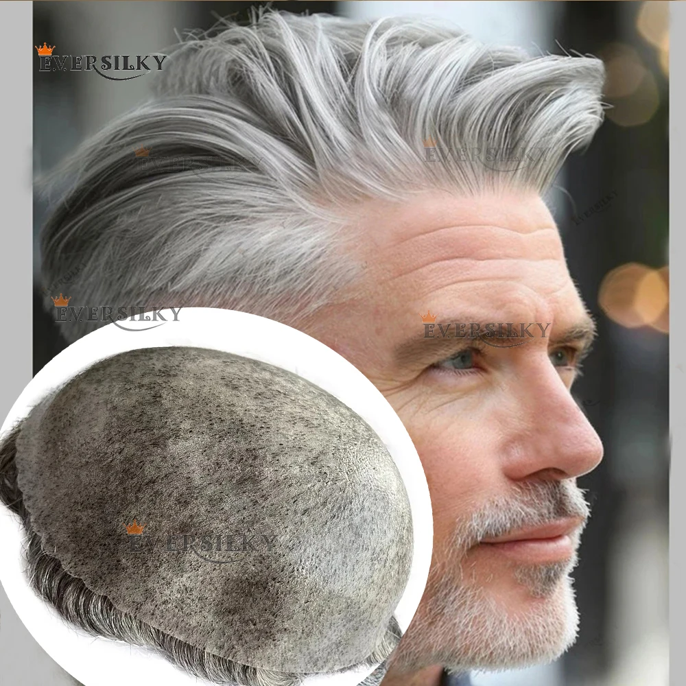 

1B80 1B50 Grey Men's Super Natural Hairline Thin Skin 0.1mm PU Durable Hairpieces Brown #6 #4 Human Hair System Injected Toupe