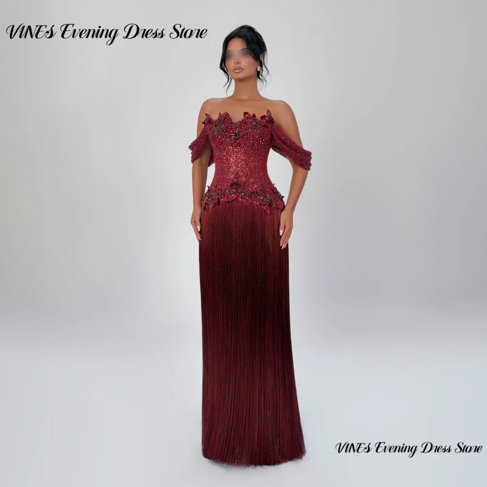 VINES Trendy Burgundy Off Shoulder Evening Dress Floral Prom Gown Sequin Peplum Fringe Long Slim Formal Party Dress Customized