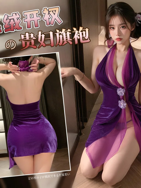 Exotic Fairy Dress Tank Mini Dress V Neck Mesh Lace Purple Velvet Lady Cheongsam Sexy Pure Desire Dress Elegant Fashion Tops LW7