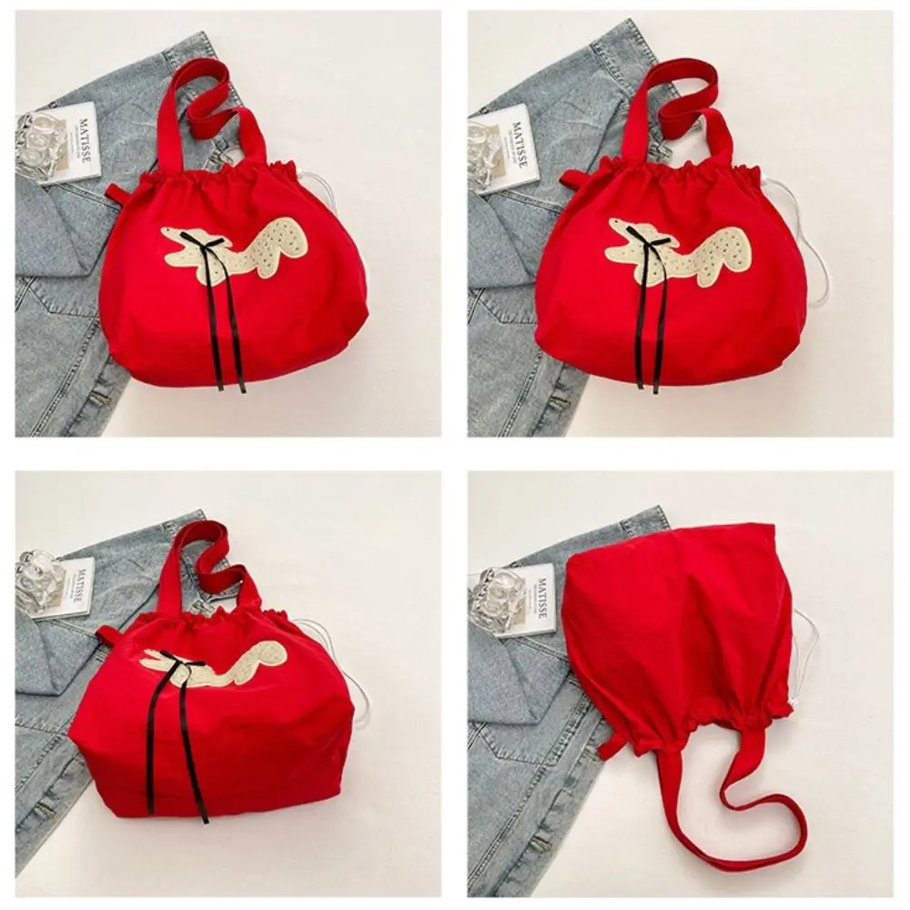 Soft Nylon Drawstring Shoulder Bag Large Capacity Lightweight Versatile Handbag Puppy Bow Pattern Women Shopping Bag Daily Use