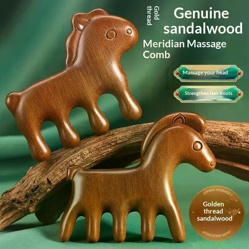 Animal Shape Sandalwood Hair Comb Scalp Relax Acupoint Massager Portable Wooden Handle Five Teeth Comb Anti-Static Styling Tool