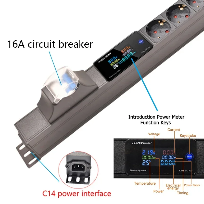 Cabinet Mount PDU Power Strip 2-7 Ways Europe Socket 16A Circuit breaker Digital Ampermeter Voltmeter Ammeter C14 interface