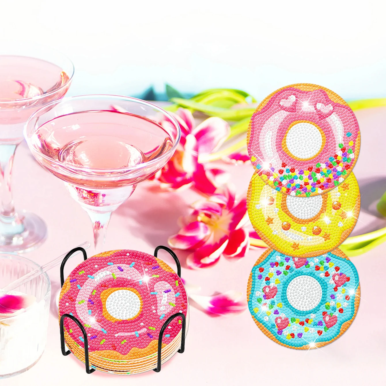 8 pieces/set of donut diamond painting coaster set, DIY coaster with holder for beginners and adults, diamond craft gift