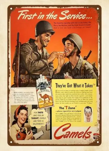 1943 Camels WWII U.S. Soldiers print ad War Bonds metal tin sign  living room