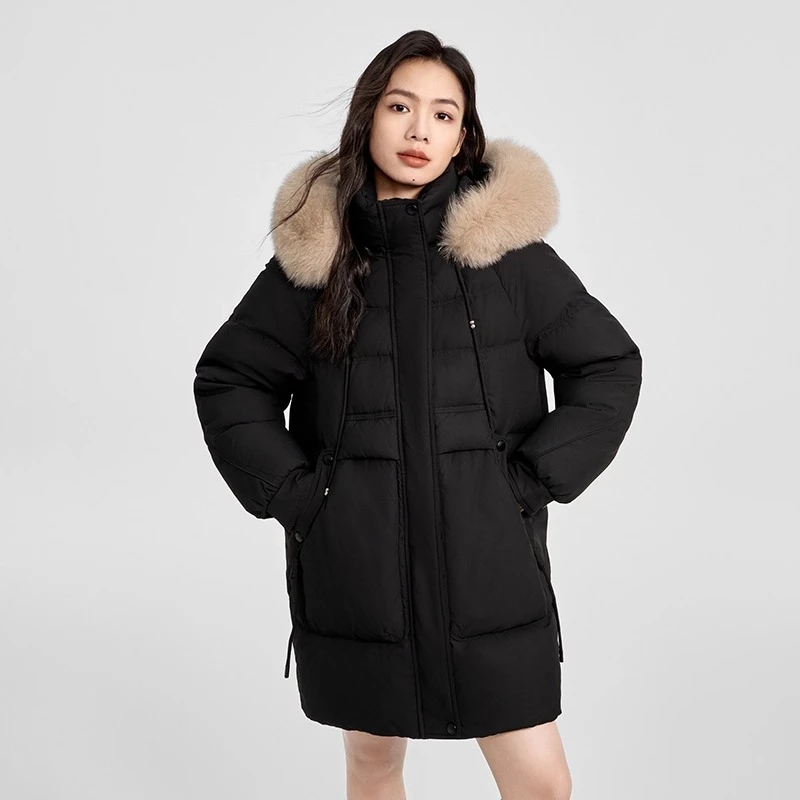 Chericom Jaket Bulu Angsa Panjang Sedang Musim Dingin 2025 Baru dengan Kerah Bulu, Jaket Bulu Angsa Berkerudung, Elegan, Hangat, Longgar, Pakaian Wanita Y309207Y