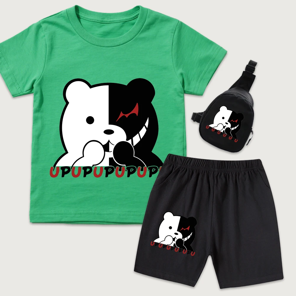 Danganronpa Monokuma Anime Print Kids Cotton T Shirt Shorts Mini Chest Bag 3 Piece Set for Boys Girls Summer Outfit