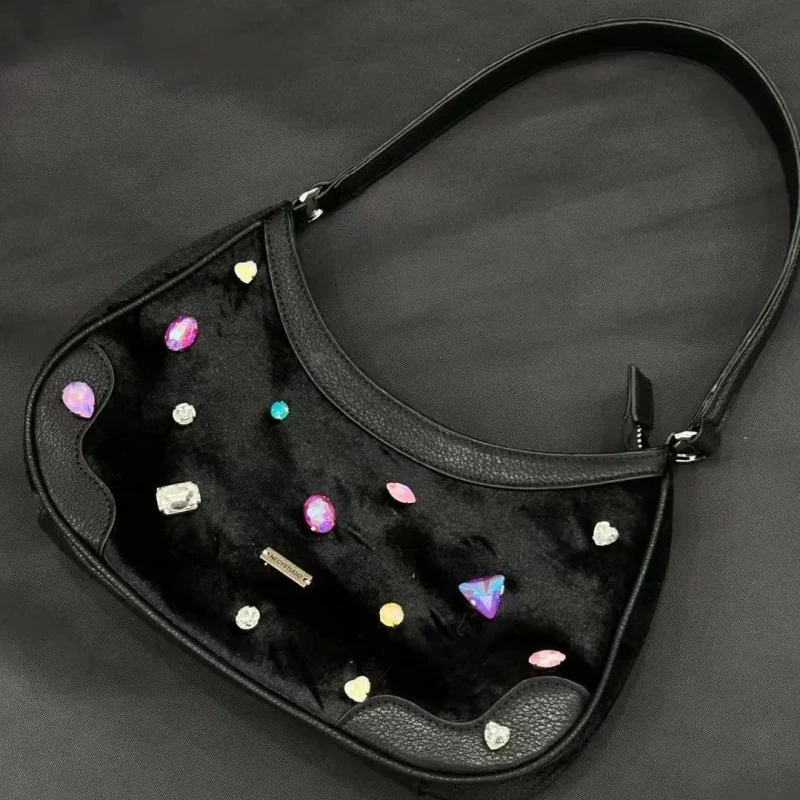 Women Colorful Rhinestone Velvet Underarm Bag Korean Single Shoulder Bags Spicy Girl Handbag