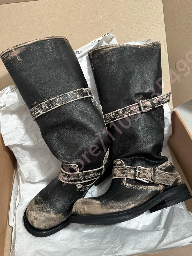 Retro Women's Belt Buckle Western Cowboy Boots 2026 Round Chunky Heel Riding Boots Black/khaki Distressed Casual Mid-Calf Boot