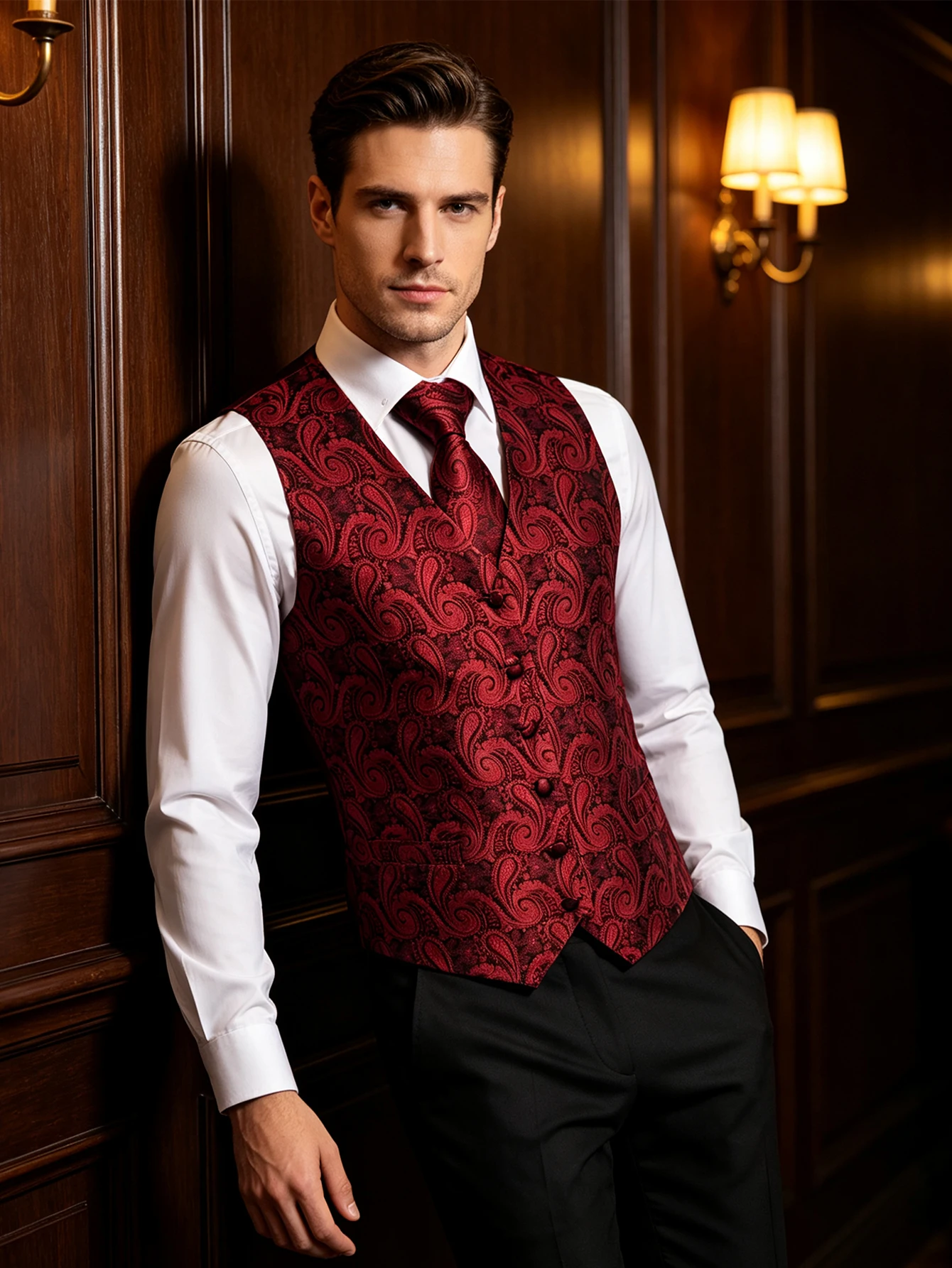 Chaleco con cuello en V color burdeos oscuro con diseño paisley, combo de 5 piezas con corbata y pajarita, gemelos cuadrados para fiesta de gala o aniversario.