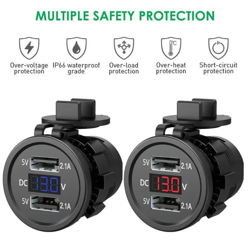 5V 2.1A Waterproof Dual Ports USB Socket Adapter Power Outlet with Display Voltmeter for 12-24V Car Boat