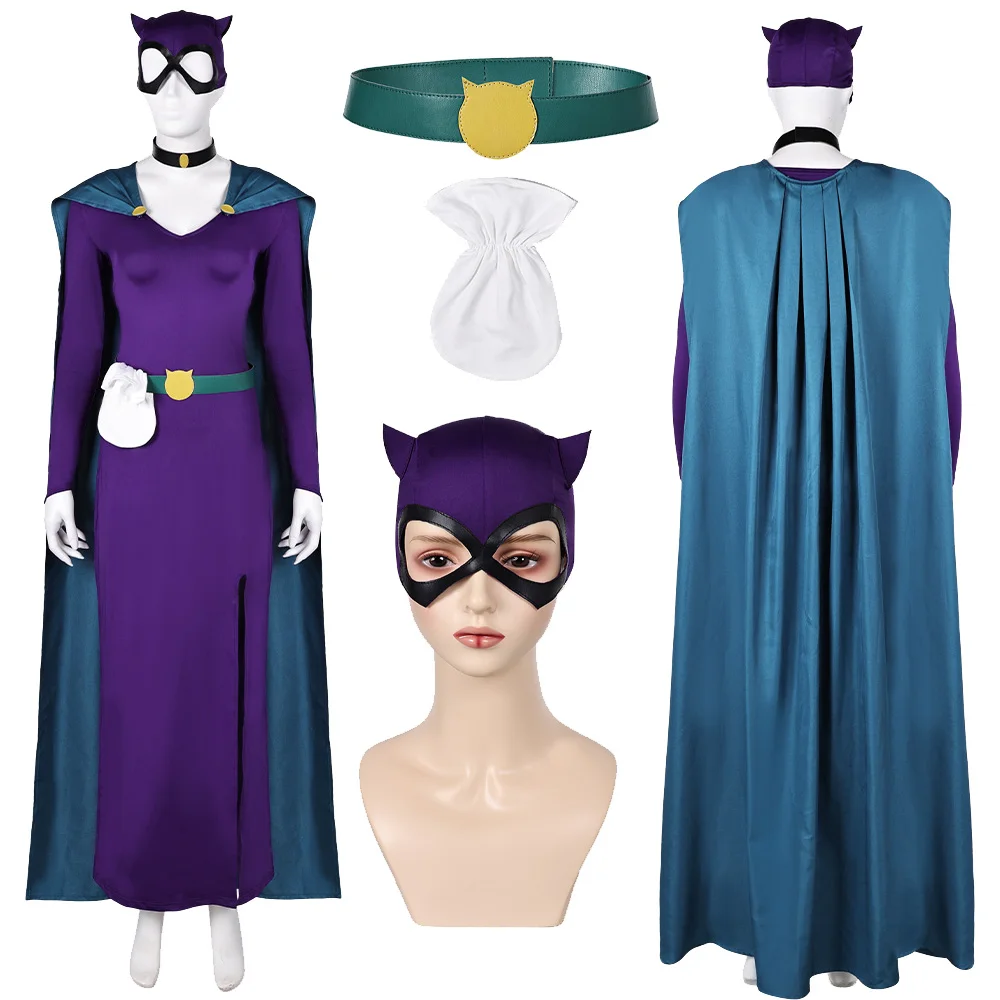 

Adult Selina Cosplay Costume Cloak Mask Belt Movie Female Superhero Roleplay Dress Robe for Women Outfits Halloween Party Suit