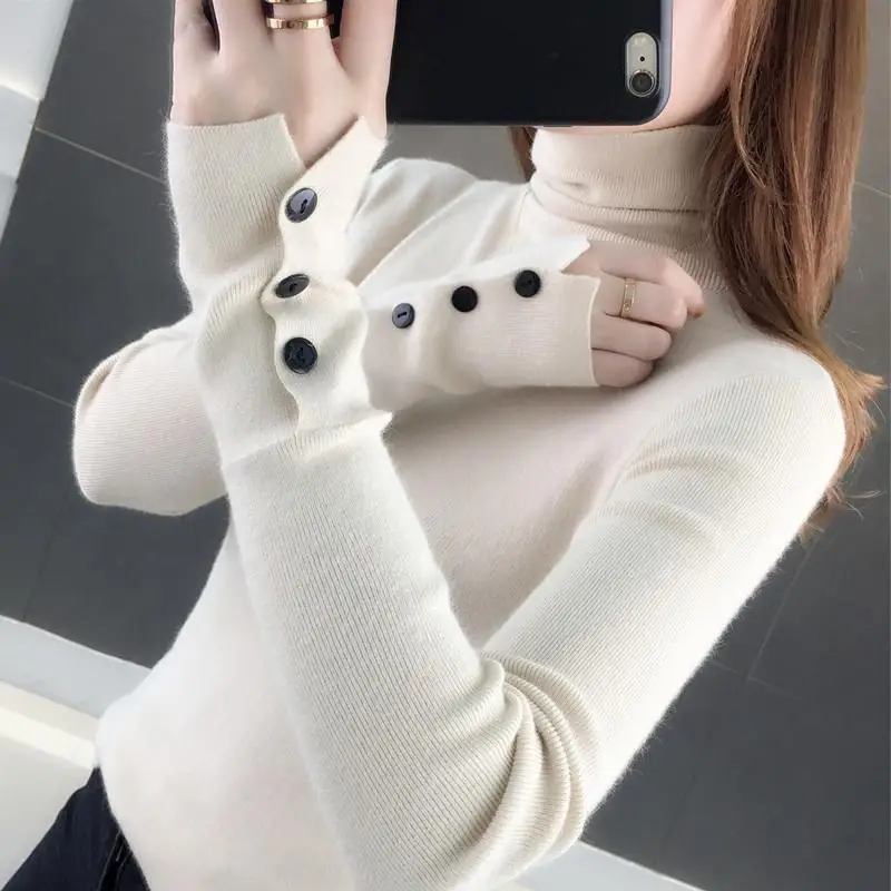 Women's Clothing Solid Color Button Long Sleeve Pullover Half High Collar Sweater Knitted Elegant Autumn Winter Commute Tops