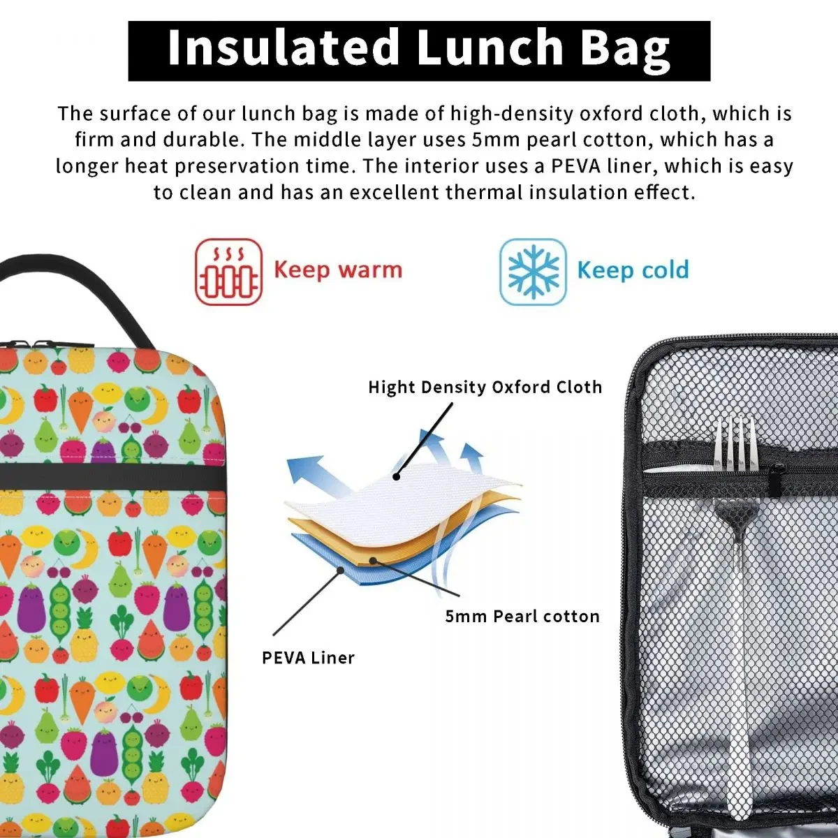 5 A Day Fruit And Vegetables Insulated Lunch Bag for Women Children Portable Food Boxes Thermal Lunch Box Tote
