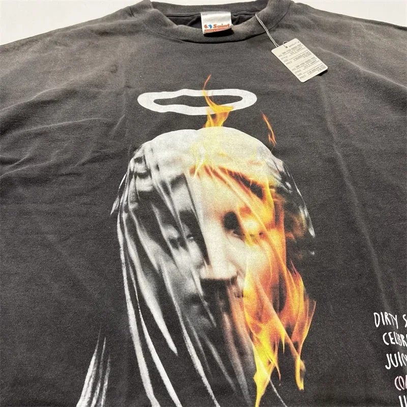 المتضخم سانت مايكل الملاك طباعة تي شيرت الرجال النساء 1:1 أفضل نوعية الأسود غسلها خمر قصيرة الأكمام