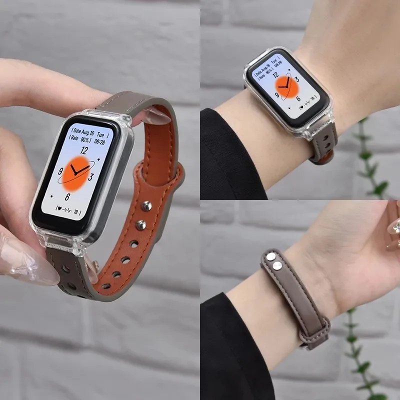 

For Xiaomi Smart Band 9 8 Active Leather Band with PC Hard Case Double Button Vintage Leather Strap Transparent Protective Case