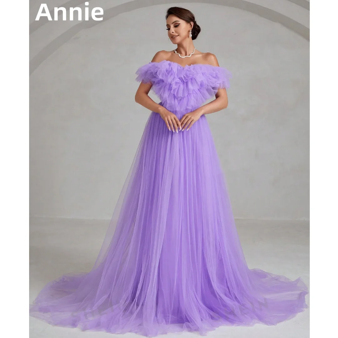 

Lavender Purple Evening Dresses Off-the-shoulder Tulle 2024 Prom Dresses A-line Women's Robe Formal Dinner Wedding Party Dress