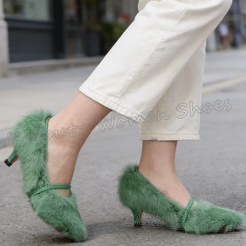 Furry Pumps Solid Color Women Shoes Pointed Toe Thin Heels Warm Winter Fashion Luxury Elegant Concise Sexy Novelty Slip-On New